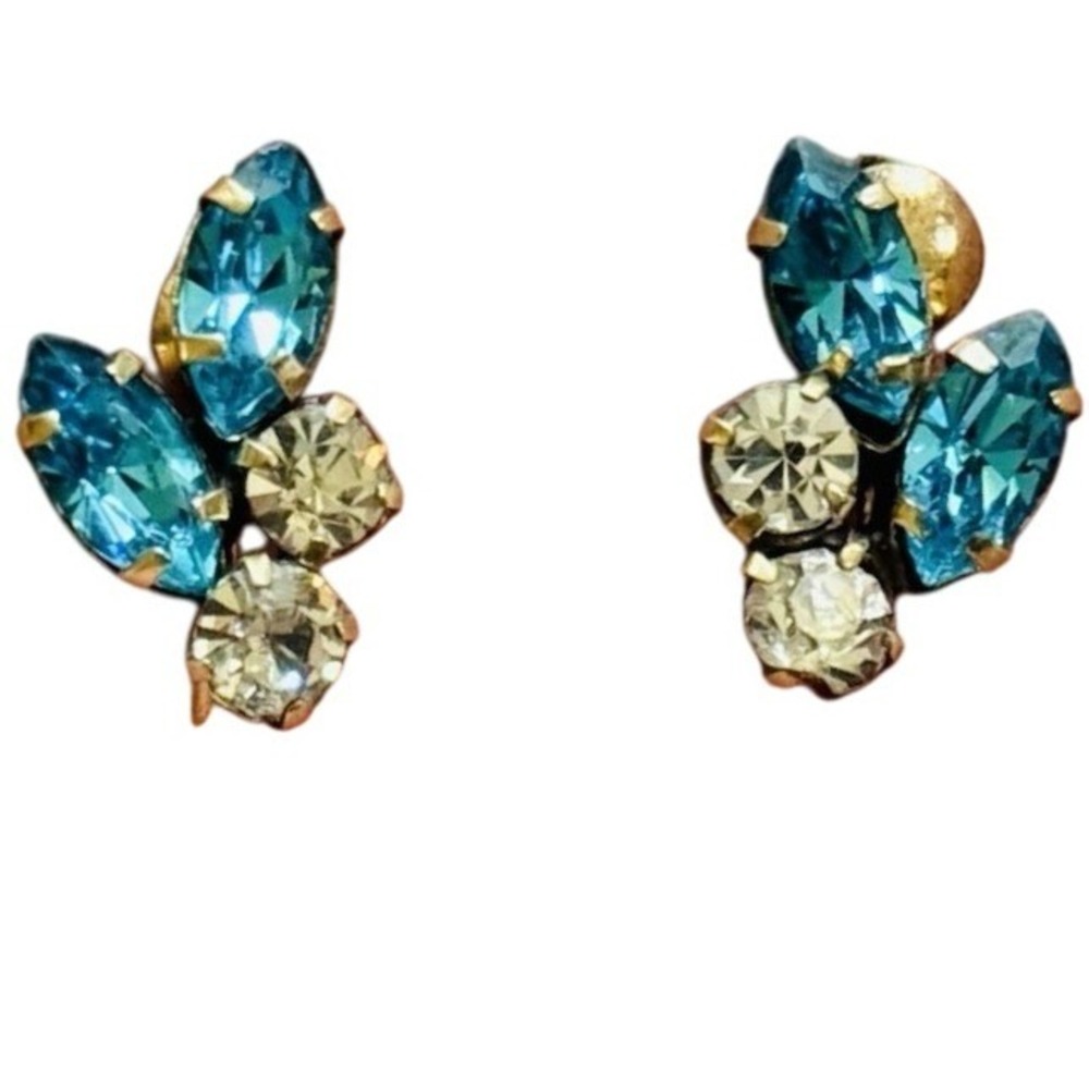 VTG Co-Star CS 14k GF Gold Filled Art Decoโ Earrings Blue Rhinestone Screw back